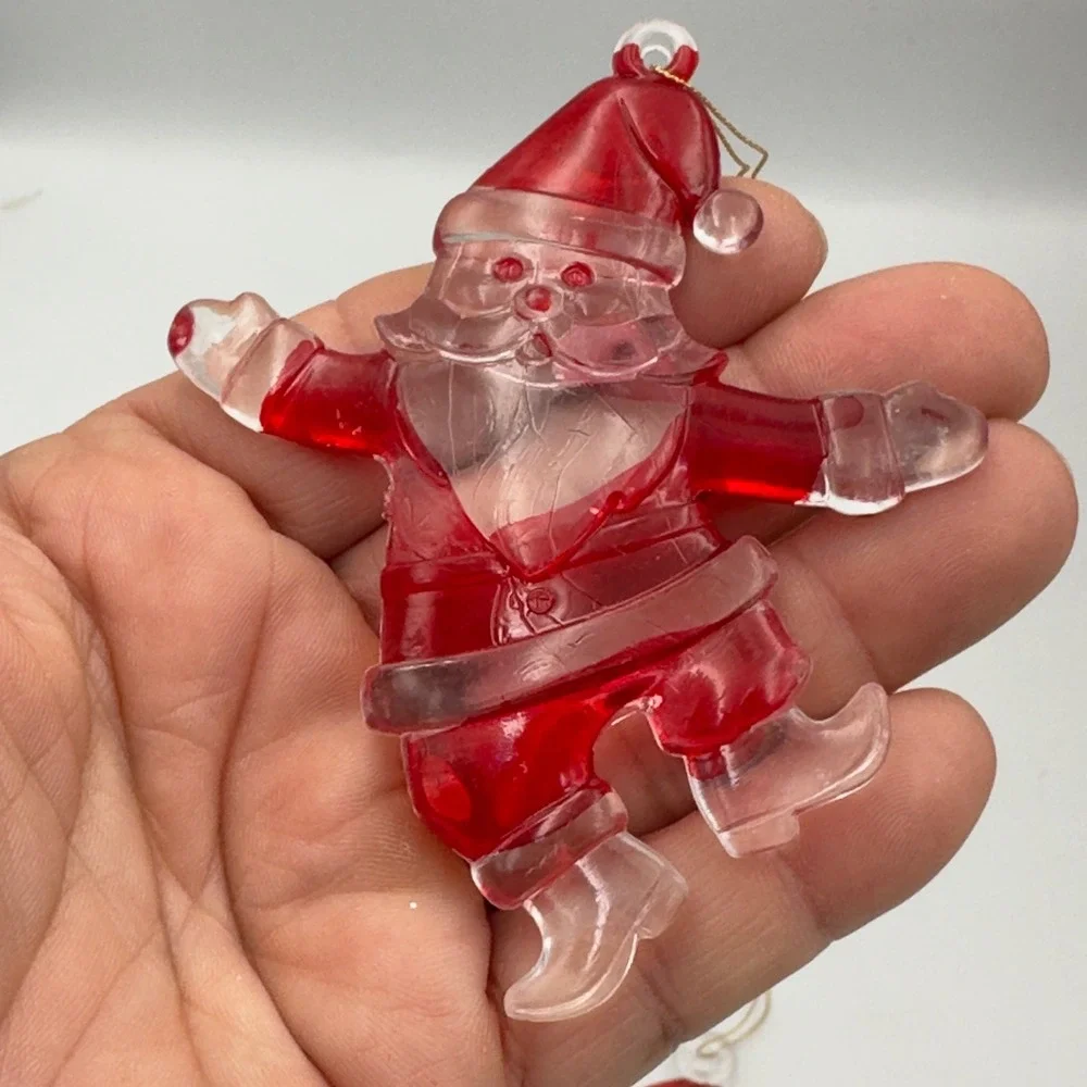 Vintage Clear Red Acrylic Christmas Ornaments Set 4 Santa‎ Snowman Bell Stocking